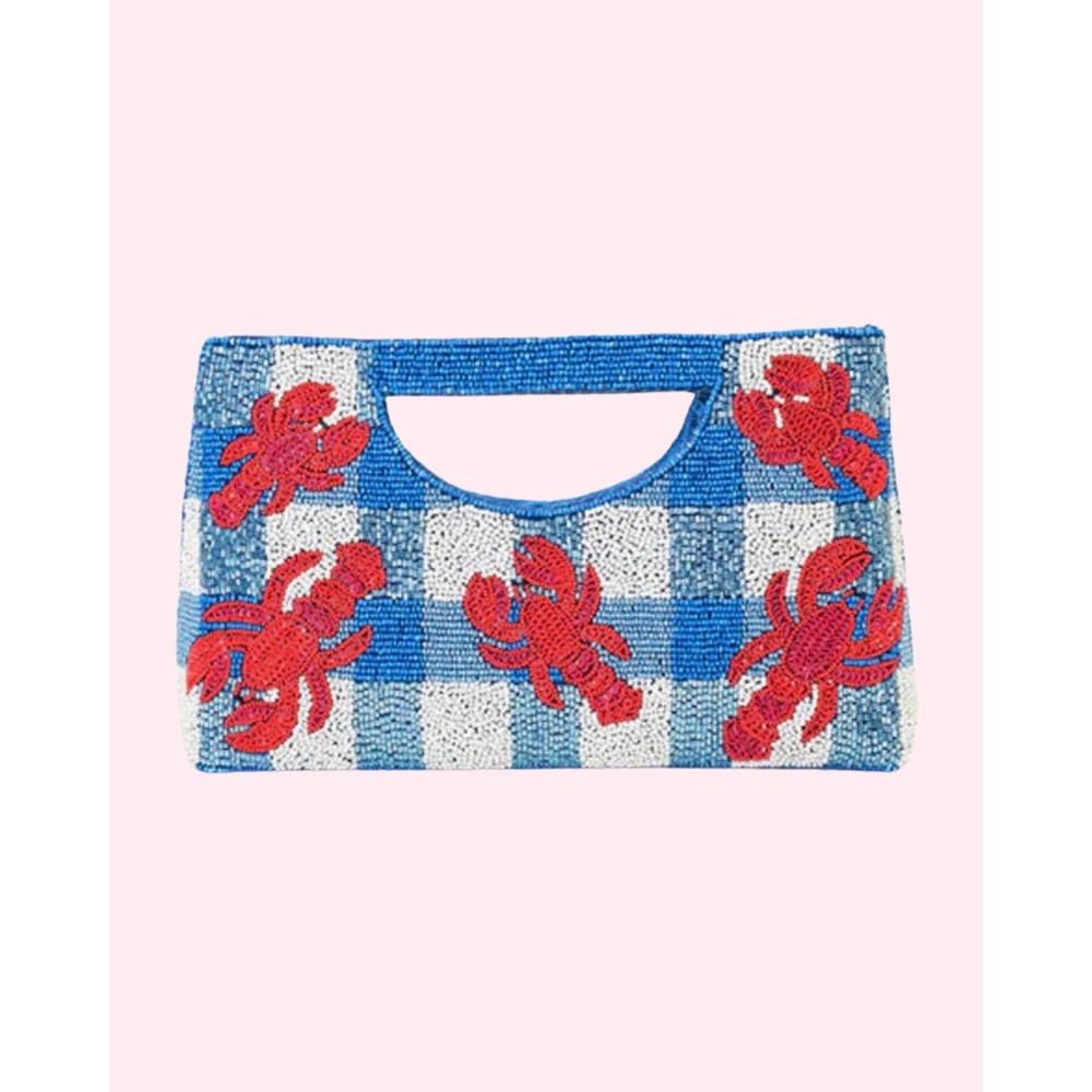 America & Beyond Coastal Claw Beaded Clutch Lobster Gingham Blue White Red NWT